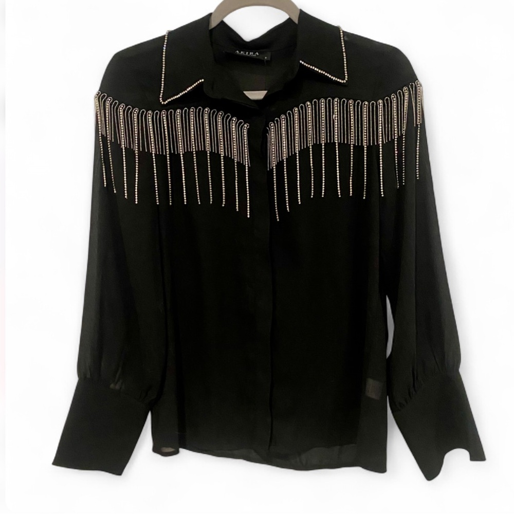 NWT AKIRA BLACK LONG SLEEVE BITTON DOWN WITH RHINESTONE BLING FRINGE SIZE SMALL